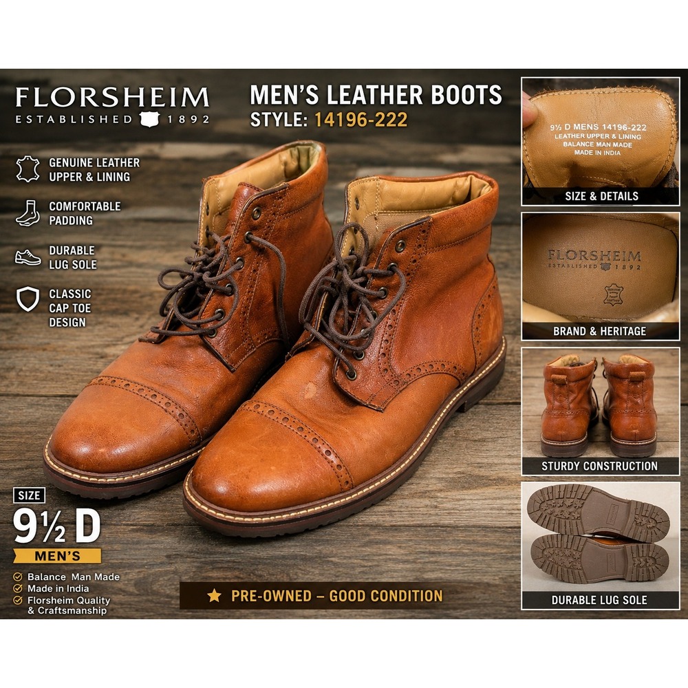 Florsheim Mens Tan Brown Leather Cap Toe Brogue Lug Sole Boots 14196-222 9.5 D